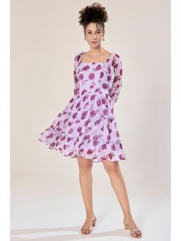Urban Sundari - Women Purple Georgette Puff Sleeves Floral Mini Dress