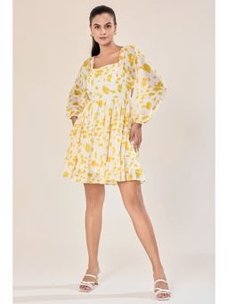Urban Sundari - Women Yellow Georgette Puff Sleeves Printed Mini Dress
