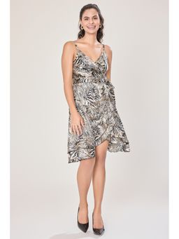 Urban Sundari - Women Black Satin Sleeveless Printed Knee Length Dress