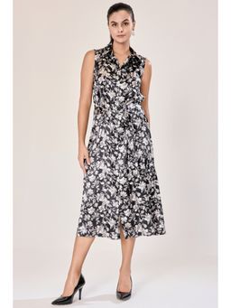 Urban Sundari - Women Black Satin Sleeveless Floral Midi Dress