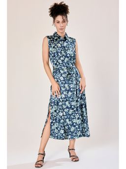 Urban Sundari - Women Blue Satin Sleeveless Floral Midi Dress