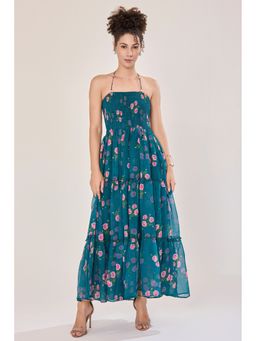 Urban Sundari - Women Blue Georgette Sleeveless Floral Maxi Dress