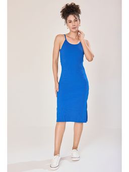 Urban Sundari - Women Blue Cotton Sleeveless Plain Knee Length Dress