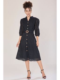 Urban Sundari - Women Black Schiffli Three Fourth Sleeves Embroidered Midi Dress