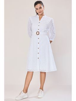 Urban Sundari - Women White Schiffli Three Fourth Sleeves Embroidered Midi Dress