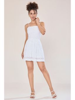 Urban Sundari - Women White Schiffli Sleeveless Embroidered Mini Dress