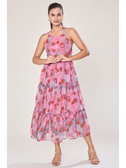 Urban Sundari - Women Pink Georgette Sleeveless Floral Midi Dress