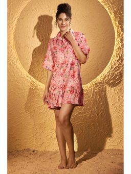 Urban Sundari - Women Pink Cotton Half Sleeves Floral Mini Dress