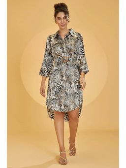 Urban Sundari - Women Black Satin Three Fourth Sleeves Animal Print Knee Length Dress