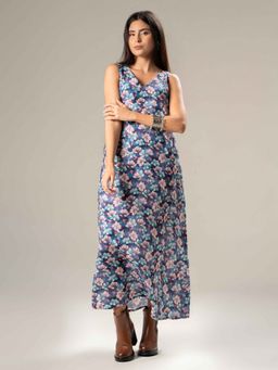 Urban Sundari - Women Blue Cotton Sleeveless Floral Maxi Dress
