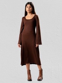 Urban Sundari - Women Brown Cotton Full Sleeves Plain Midi Dress