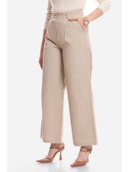 Virgio - Women Beige Linen Plain Straight Fit Pant