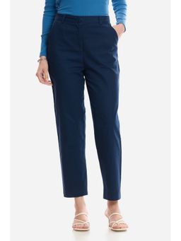 Virgio - Women Navy Blue Cotton Plain Slim Fit Pant