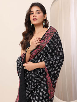Libas - Black Printed Saree with Unstitched Blouse with Unstitched