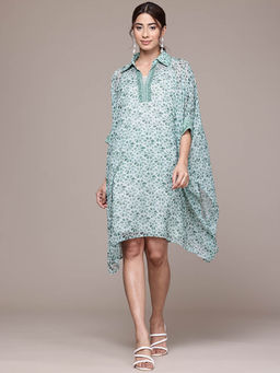 Aarke Ritu Kumar - Green Printed Knee Length Kaftan Dress with Camisole