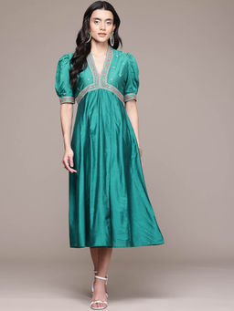 Aarke Ritu Kumar - Teal Embroidered Midi Dress
