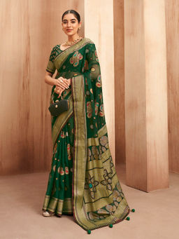 Elora - Poly Viscose Georgette Paisley Banarasi Saree(Dark Green)