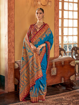 Elora - Poly Viscose Silk Paisley Print Banarasi Saree(Blue)