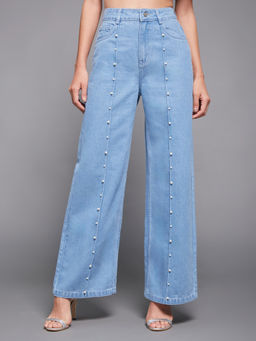 Miss Chase - Women Light Blue Straight Fit High Rise Clean-Look Denim Jeans