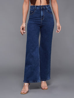 Miss Chase - Womens Mid Blue Wide Leg High Rise Regular Length Stretchable Denim Jeans