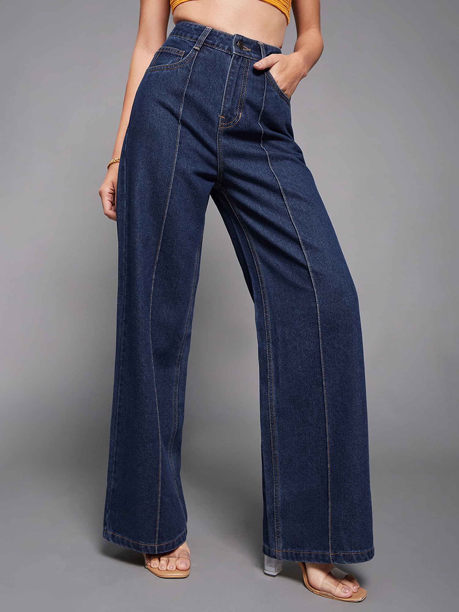 miss chase Womens Navy Blue Wide Leg High Rise Clean Look Denim Jeans-picture-25