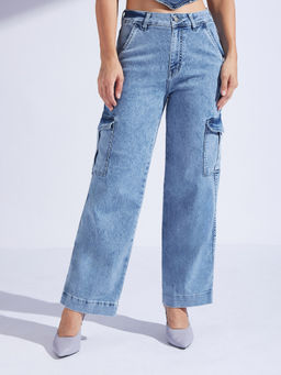 Miss Chase - Womens Light Blue Wide Leg High Rise Flared Cargo Style Denim Jeans