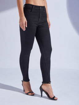 Miss Chase - Womens Black Skinny Fringed Detailing High Rise Cropped Denim Jeans