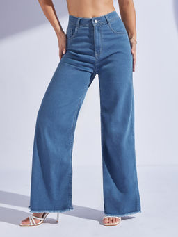 Miss Chase - Womens Blue Wide Leg High Rise Clean Look Regular Length Denim Jeans