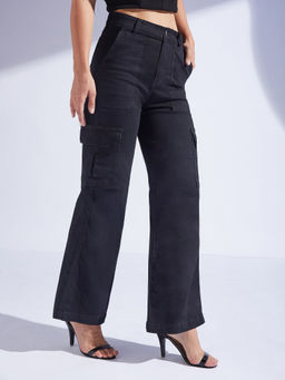 Miss Chase - Womens Black Wide Leg High Rise Clean Look Denim Cargo Jeans