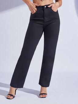 Miss Chase - Womens Black Straight High Rise Regular Length Denim Jeans