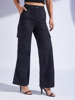 Miss Chase - Womens Black Wide leg High rise Regular Denim cargo Jeans