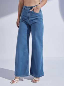 Miss Chase - Womens Blue Wide Leg High Rise Stretchable Denim Jeans