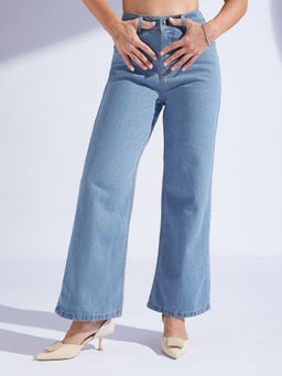 Miss Chase - Womens Light Blue Wide Leg High Rise Clean Look Non- Denim Jeans