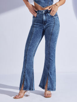 Miss Chase - Womens Navy Blue Bootcut High Rise Regular Length Denim Bootcut Jeans