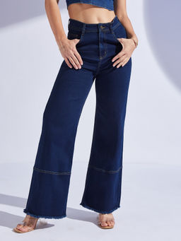 Miss Chase - Womens Navy Blue Wide Leg High Rise Regular Length Denim Jeans