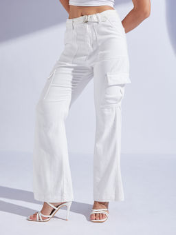 Miss Chase - Womens White Wide Leg High Rise Regular Denim cargo Jeans