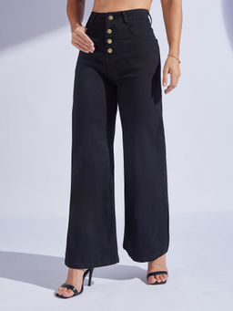 Miss Chase - Womens Black Wide Leg High Rise Regular Stretchable Denim Jeans