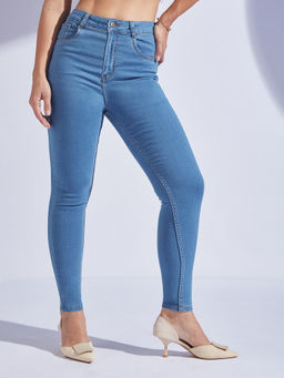 Miss Chase - Womens Blue Solid Skinny High Rise Cropped Fringe Detailing Denim Jeans