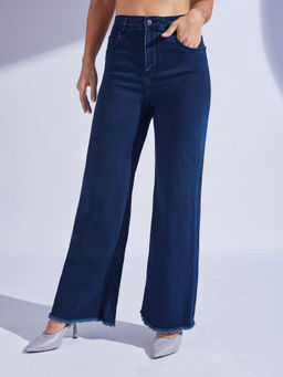 Miss Chase - Womens Navy Blue Wide Leg High Rise Clean Look Denim Jeans