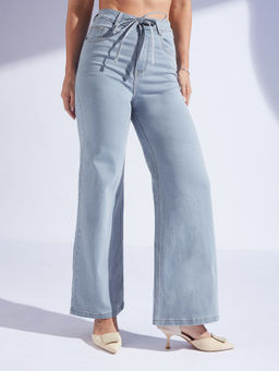 Miss Chase - Womens Light Blue High Rise Wide Leg Stretch Denim Jeans
