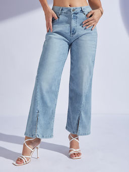 Miss Chase - Womens Light Blue Wide Leg Mid Rise Stretchable Denim Jeans