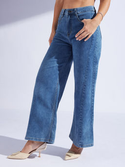 Miss Chase - Womens Mid Blue Wide Leg High Rise Stretchable Denim Jeans