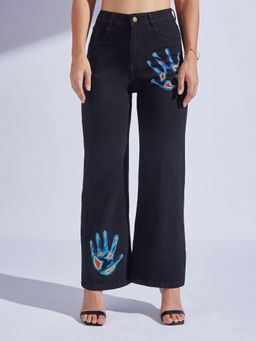 Miss Chase - Womens Black Wide Leg High Rise Hand Painted Stretchable Denim Jeans