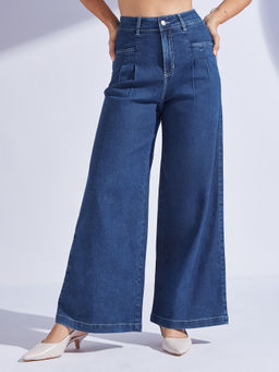 Miss Chase - Womens Mid-Rise Dark Blue Korean Pleated Jeans Denim