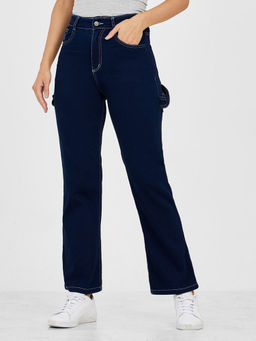 Miss Chase - Womens Navy Blue Wide Leg High Rise Denim Jeans