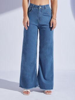 Miss Chase - Womens Blue Wide Leg High Rise Stretchable Denim Jeans