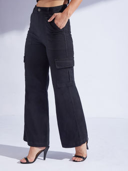 Miss Chase - Womens Black Wide Leg High Rise Denim Cargo Jeans