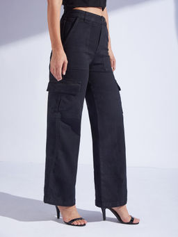 Miss Chase - Womens Black Wide Leg High Rise Regular Stretchable Denim Cargo Jeans