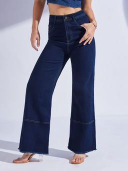 Miss Chase - Womens Navy Blue Wide Leg High Rise Stretchable Denim Jeans