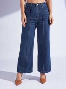 Miss Chase - Womens Navy Blue Wide Leg High Rise Clean Look Non- Denim Jeans